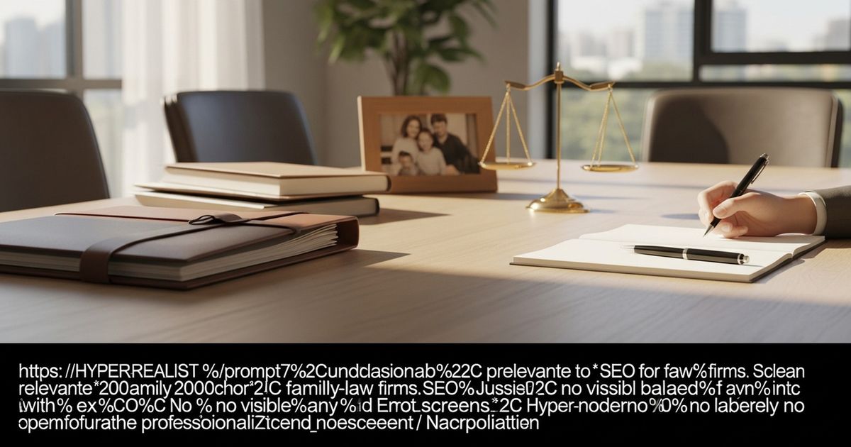 Modern law office table with legal folders and a scale of justice, warm lighting conveying trustworthiness for family law marketing