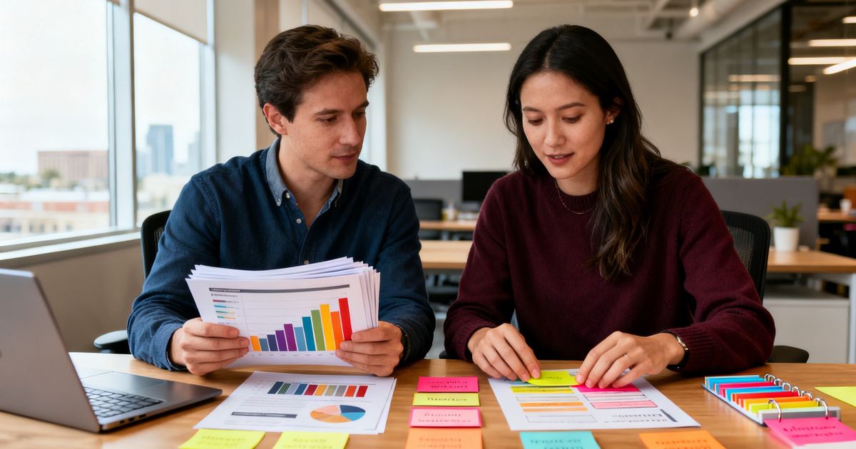 Two marketers comparing SEO tools in an office, representing Semrush vs NeuronWriter