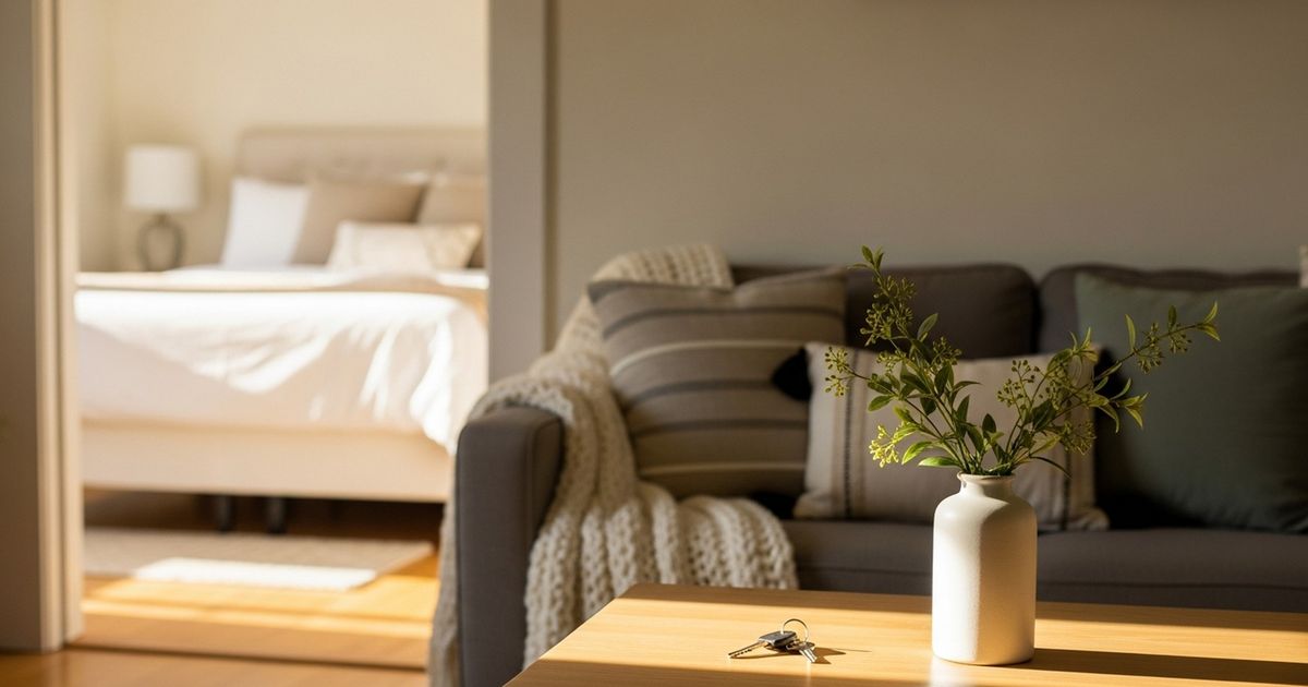 Warm, hyper-realistic interior of a well-staged short-term rental with keys on a wooden table, suggesting hospitality and readiness for guests.
