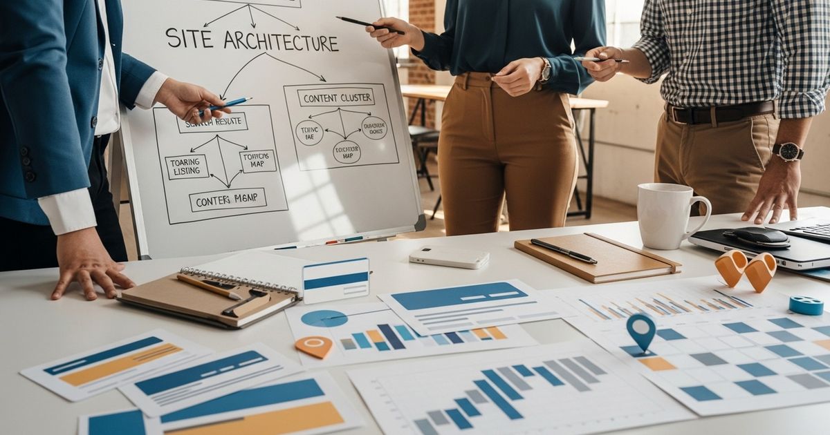 Marketing team mapping site architecture on a whiteboard for how to do SEO for a new website