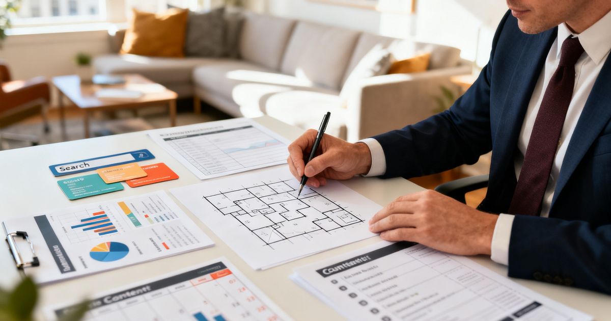 Founder reviewing a Dorik SEO checklist and site map in a modern home office — dorik seo planning scene