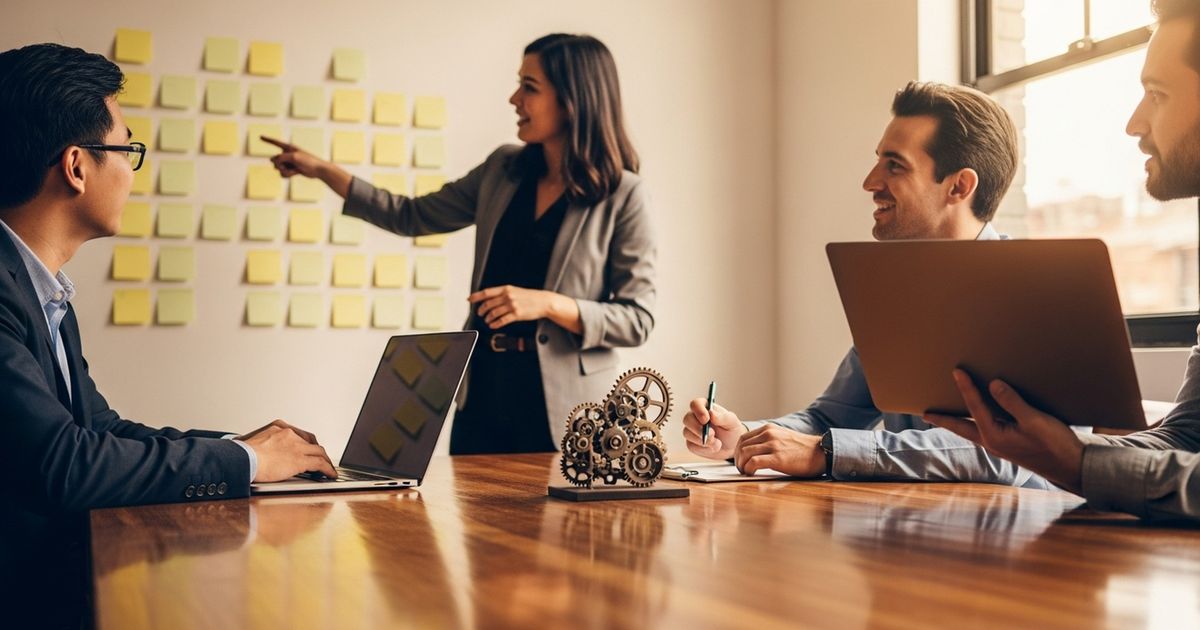 Small marketing team planning an automated SEO publishing workflow in a warm, modern office setting with blank index cards and an automation motif.