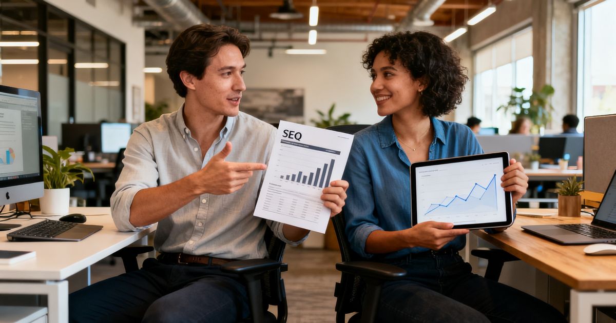 Two marketers in a startup office comparing SEO reports side by side, illustrating Ahrefs vs Scalenut