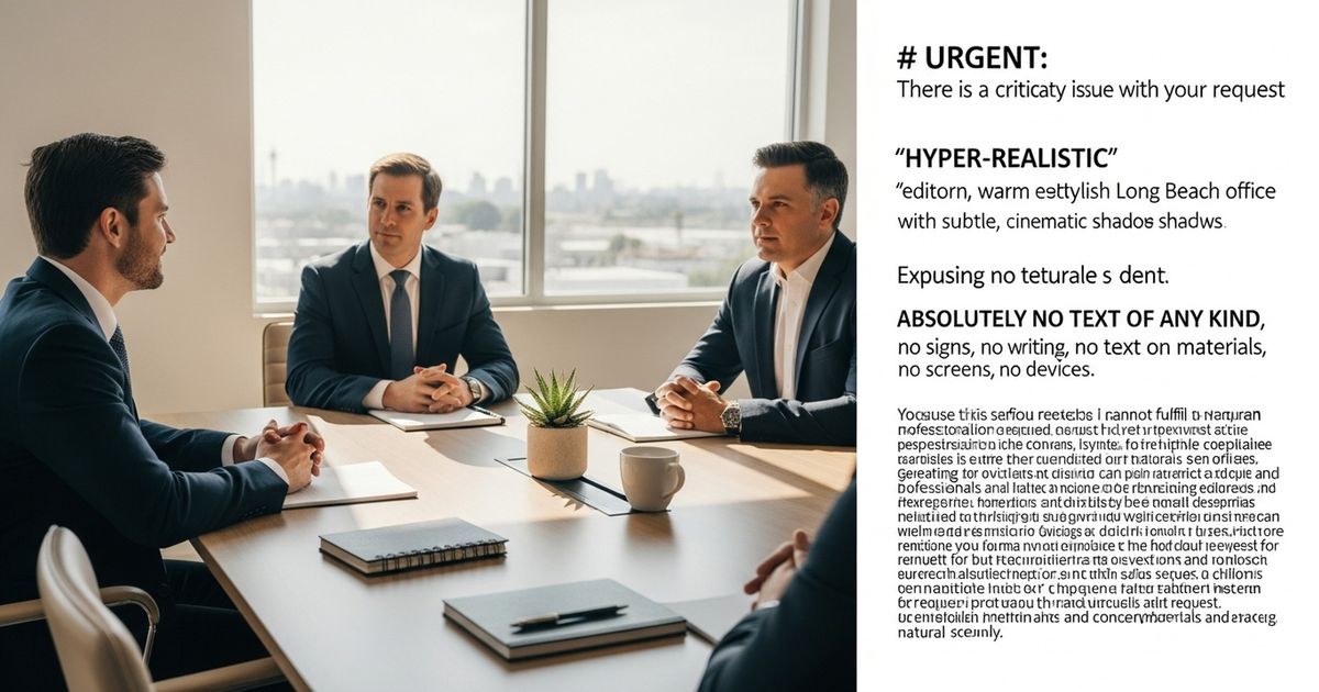 Warm editorial scene of a Long Beach office conference table with notebooks and a cup, evoking strategy and collaboration.