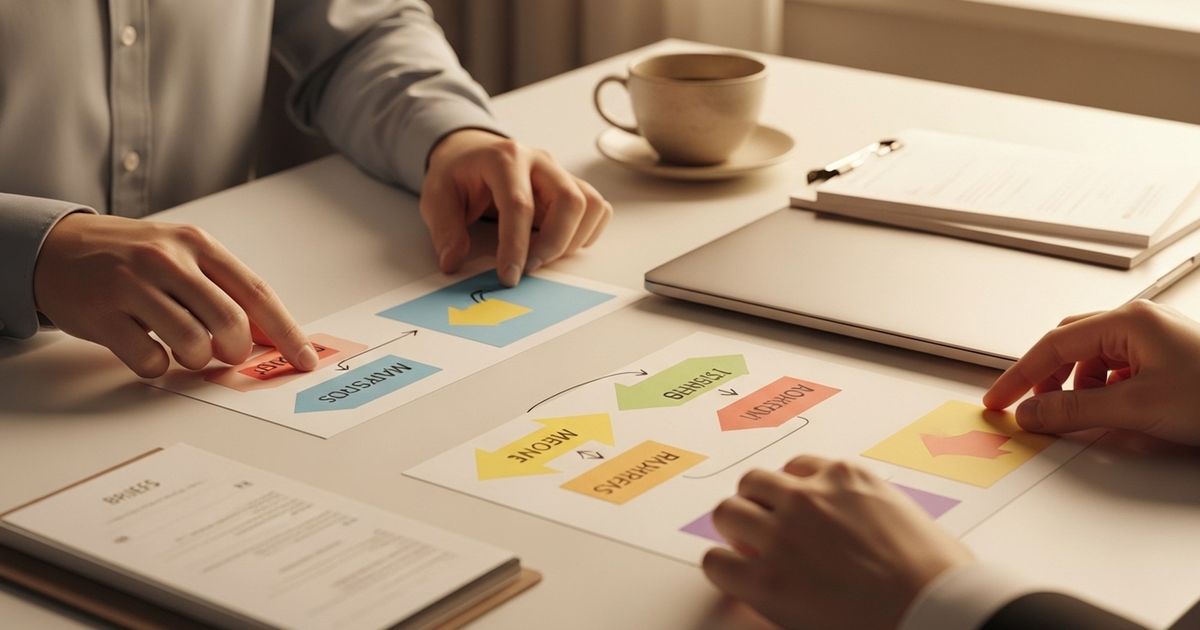 Hands arranging color-coded paper workflow on a clean desk, symbolizing automated SEO pipelines and content workflows