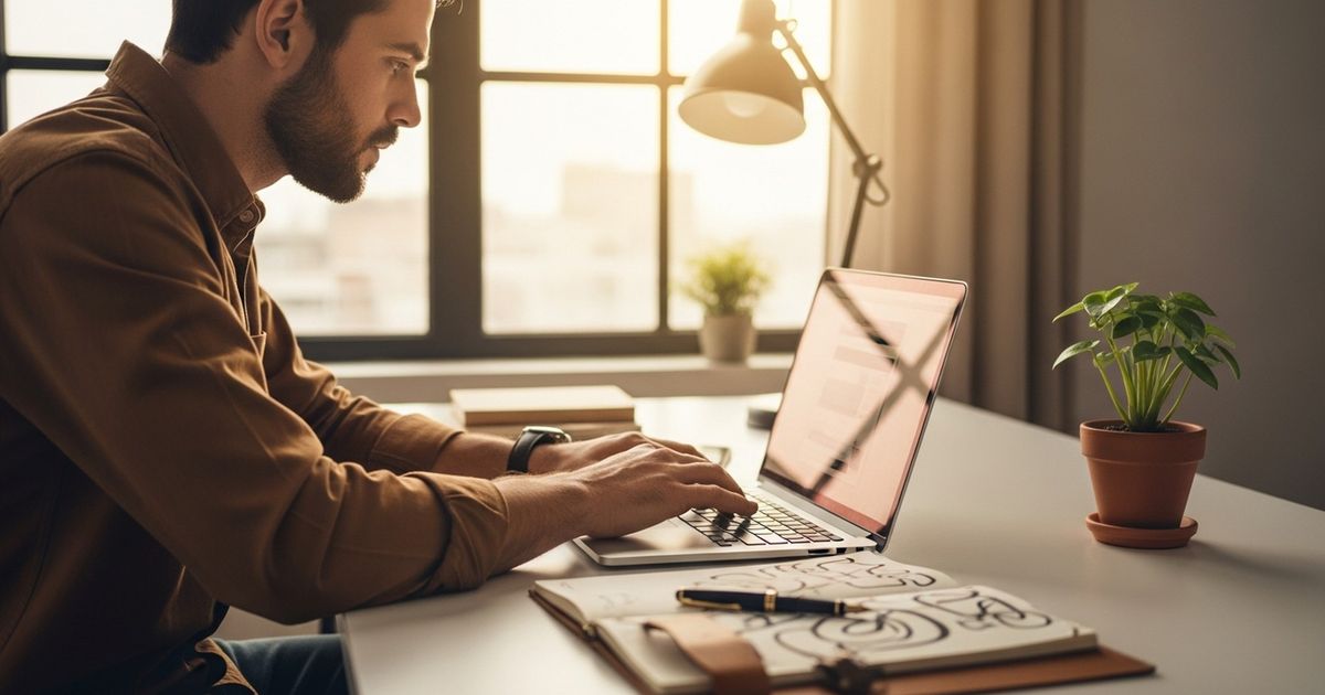 Founder editing a Carrd landing page on a laptop in a home office, illustrating Carrd SEO workflow