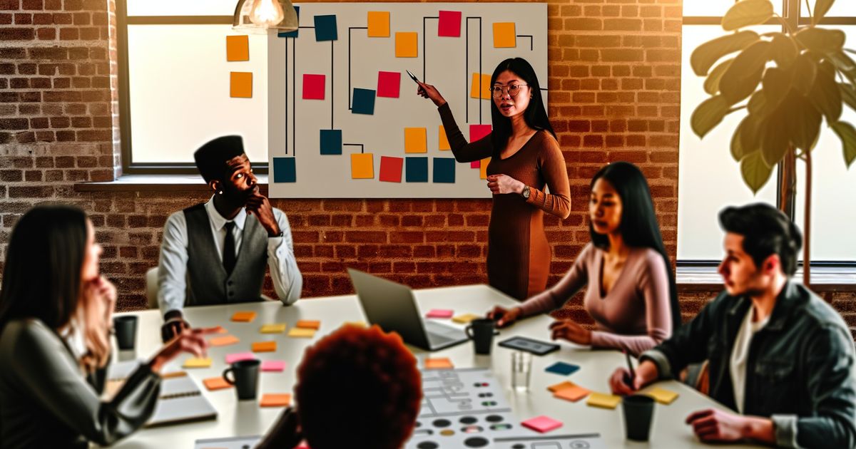 Cross-functional team collaborating over color-coded cards and wireframes to represent a programmatic SEO content QA process