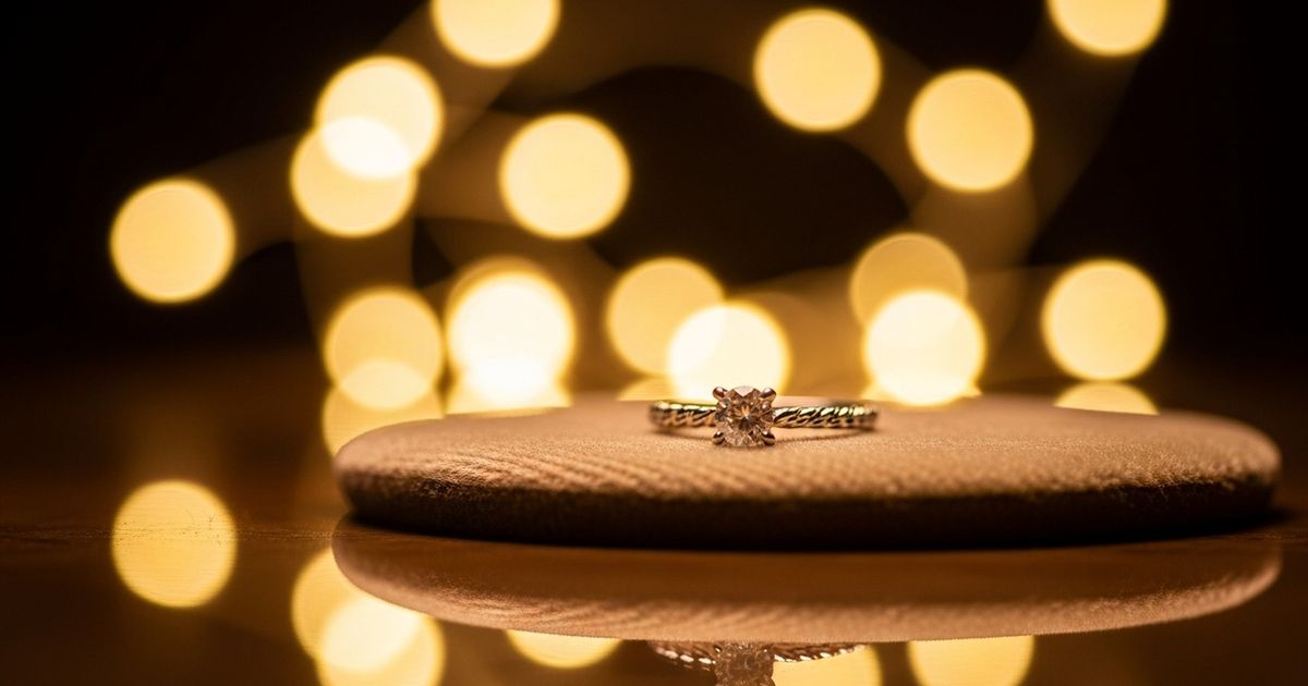 Hyper-realistic close-up of an elegant ring on velvet with warm bokeh lighting, editorial composition