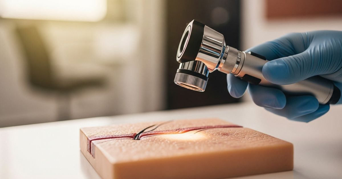 Close-up, hyper-realistic view of a dermatoscope and gloved hand over a textured skin model in a warm, modern clinic setting