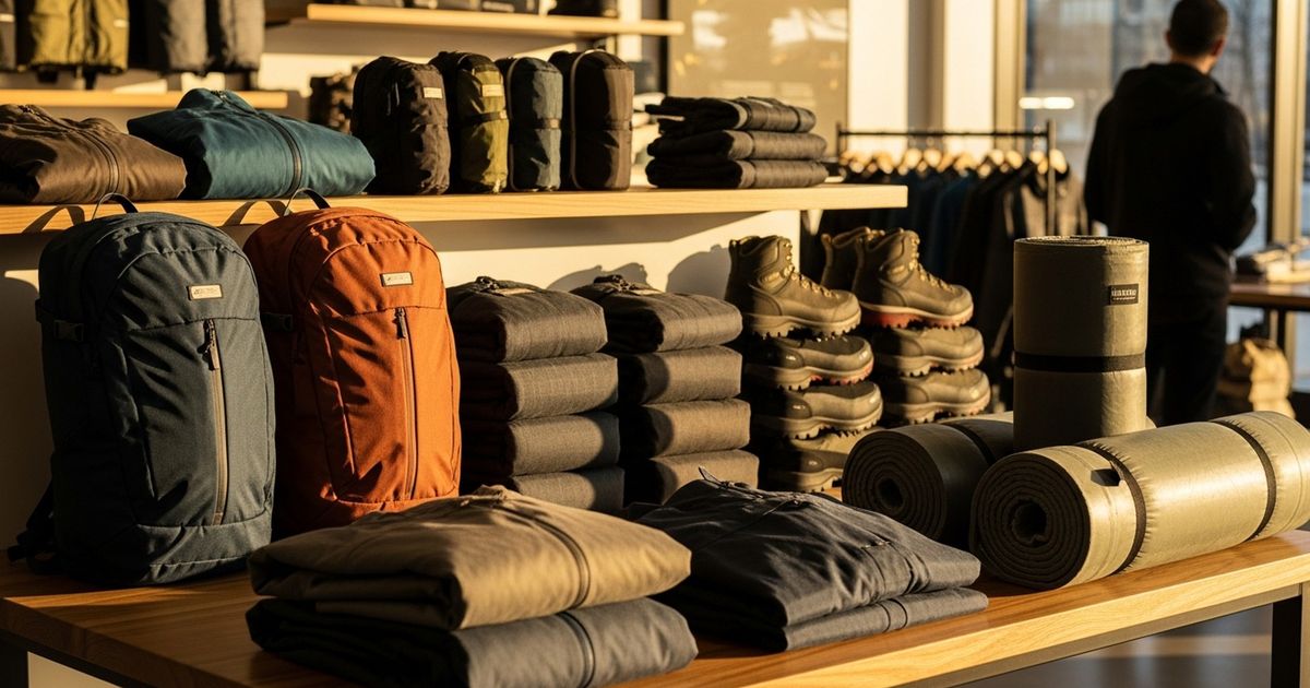 Hyper-realistic close-up of a curated outdoor gear display in a warm, modern retail interior