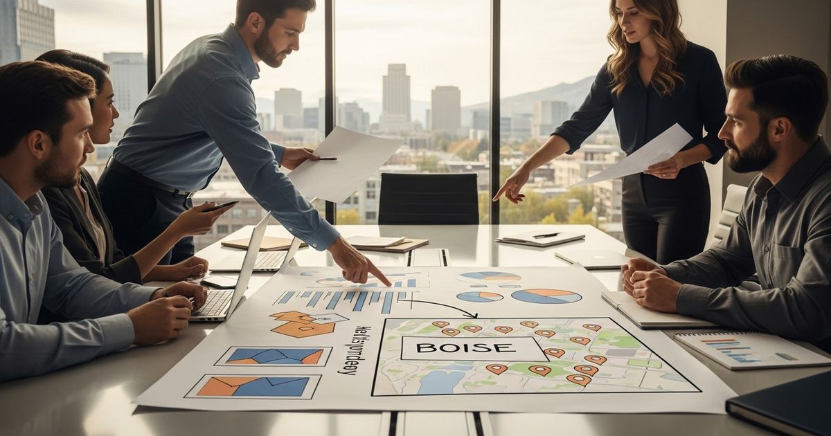 Marketing team collaborating around strategy sketches in a Boise office for local SEO agencies in Boise