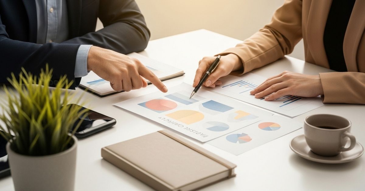 Two marketers in a modern office discussing abstract charts on a table, illustrating a comparison between AI SEO tools.