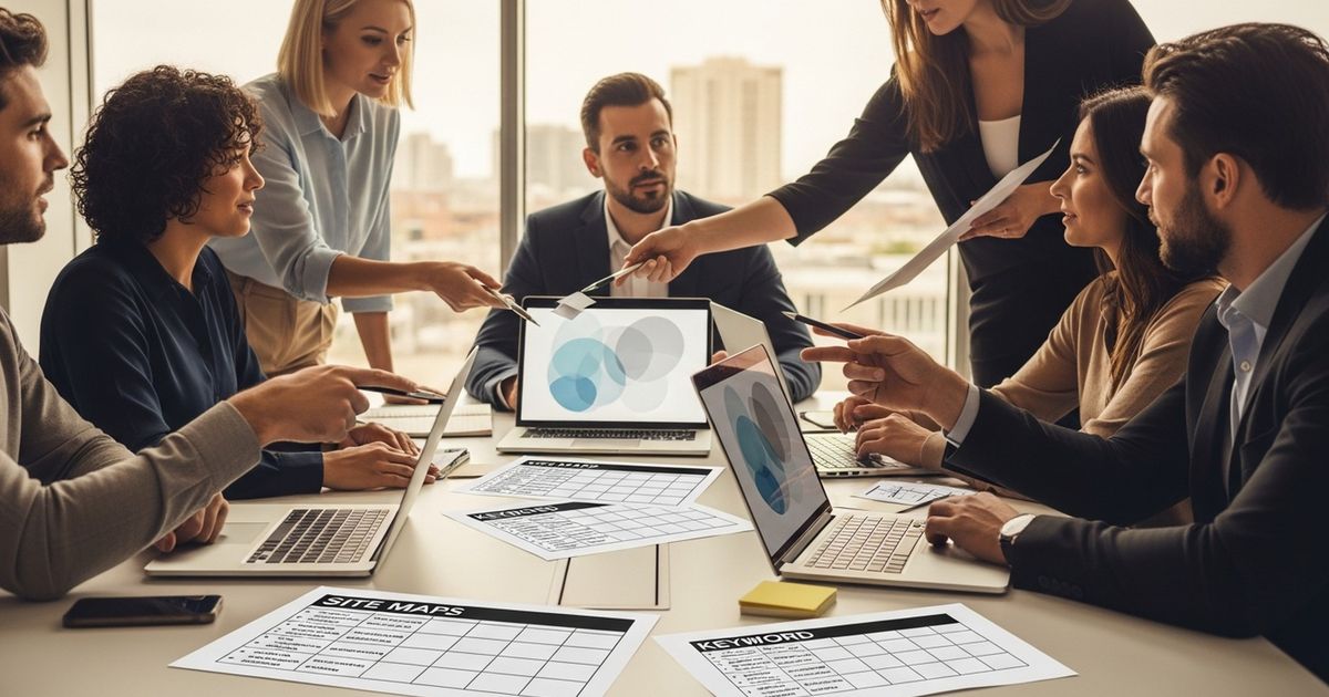 Marketing team collaborating around a conference table in a modern Saskatoon office discussing SEO agencies in Saskatoon
