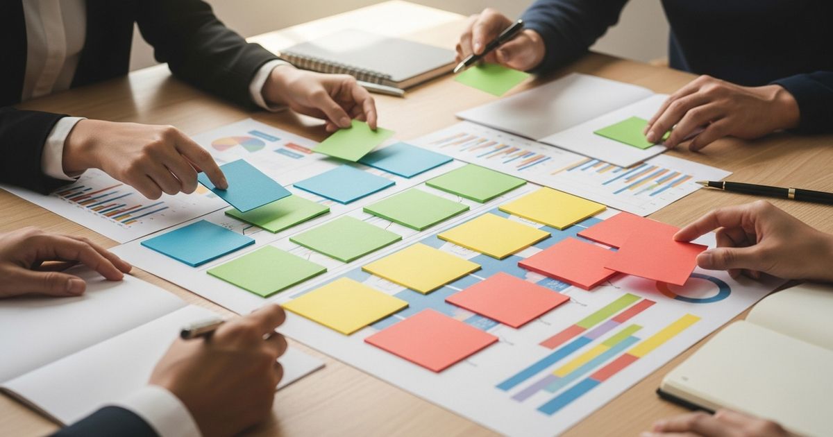 Team arranging color-coded index cards and charts to plan programmatic content update schedules