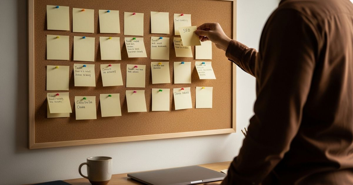Blogger planning a content cluster with blank index cards on a corkboard in a home office — blogger SEO planning scene