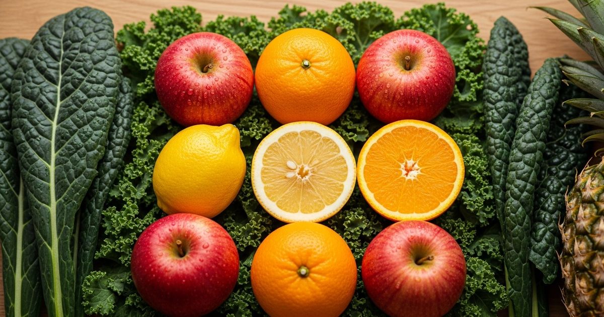 Hyper-realistic close-up of artfully arranged fresh produce in warm light, evoking a modern grocery setting