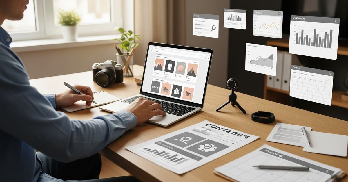 Ecommerce entrepreneur optimizing a WooCommerce product page on a laptop for WooCommerce SEO