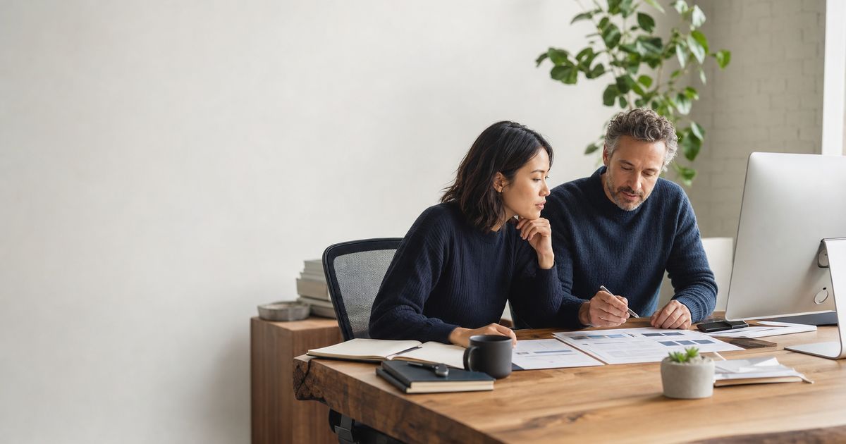 Two B2B SaaS teammates reviewing buyer-question research and source notes in a modern office.