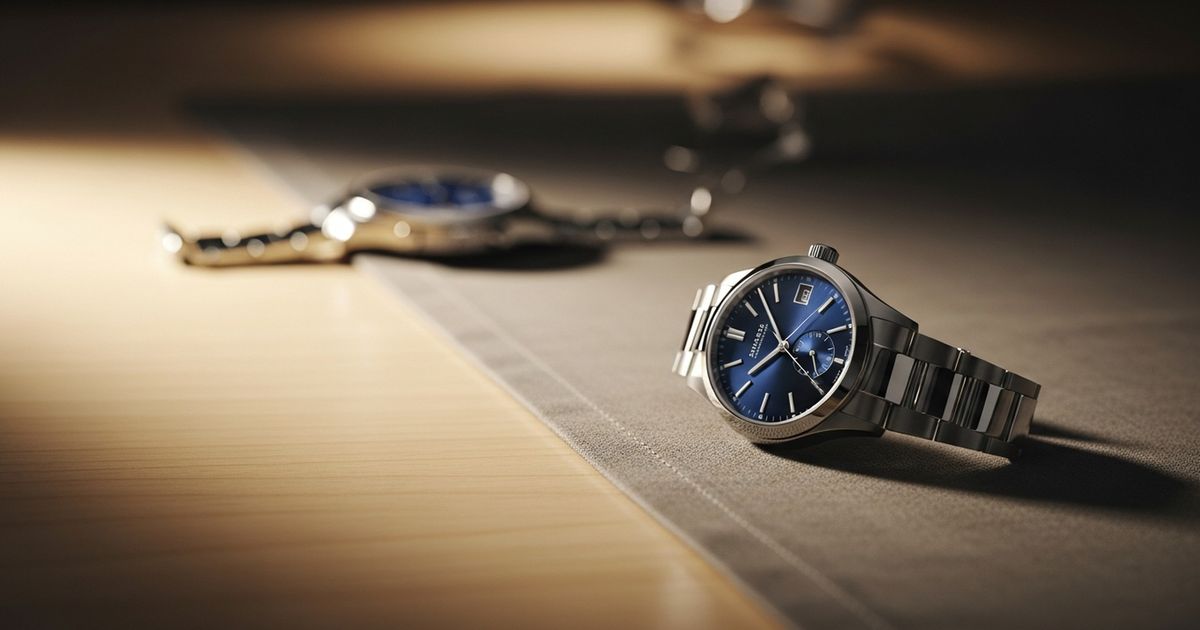 Hyper-realistic editorial image of a single luxury watch on a clean table evoking online storefront and craftsmanship