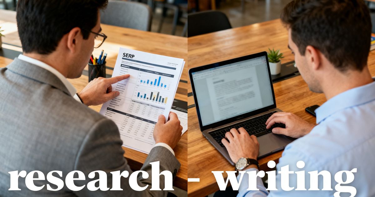 Two marketers comparing Ahrefs keyword research workflow and Writesonic AI writing workflow