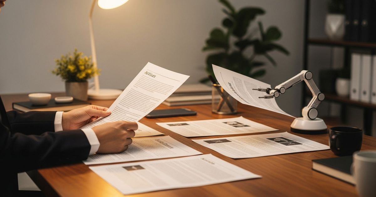 A professional reviewing printed articles beside a small robotic arm on a warm wood desk, representing a human-in-the-loop content automation workflow.