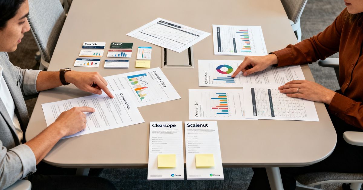 Two marketers comparing content briefs side-by-side for Clearscope vs Scalenut evaluation