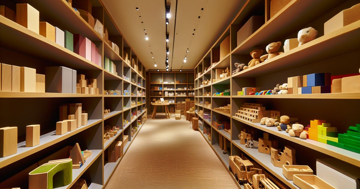 Warm, hyper-realistic boutique toy store interior with colorful toys arranged on wooden shelves in a clean, inviting composition