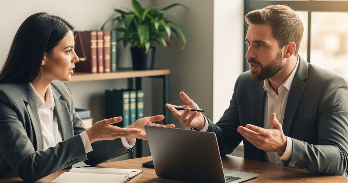 Criminal defense lawyer and marketing consultant meeting in a modern office, collaborating over a closed laptop and blank notebook