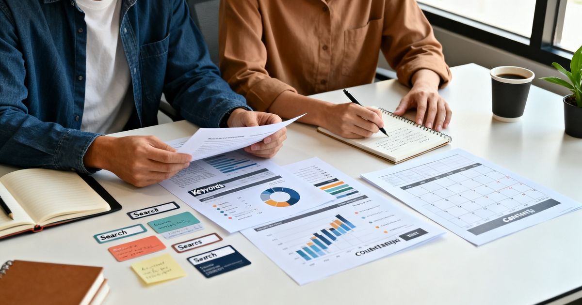 Two marketers comparing Semrush vs Writesonic workflows while collaborating over keyword reports and draft notes
