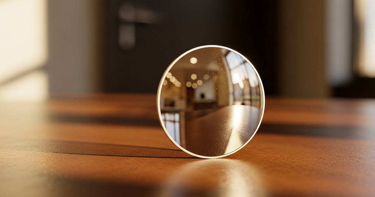 Artful close-up of an eyeglass lens reflecting a softly blurred clinic interior, modern warm tones.
