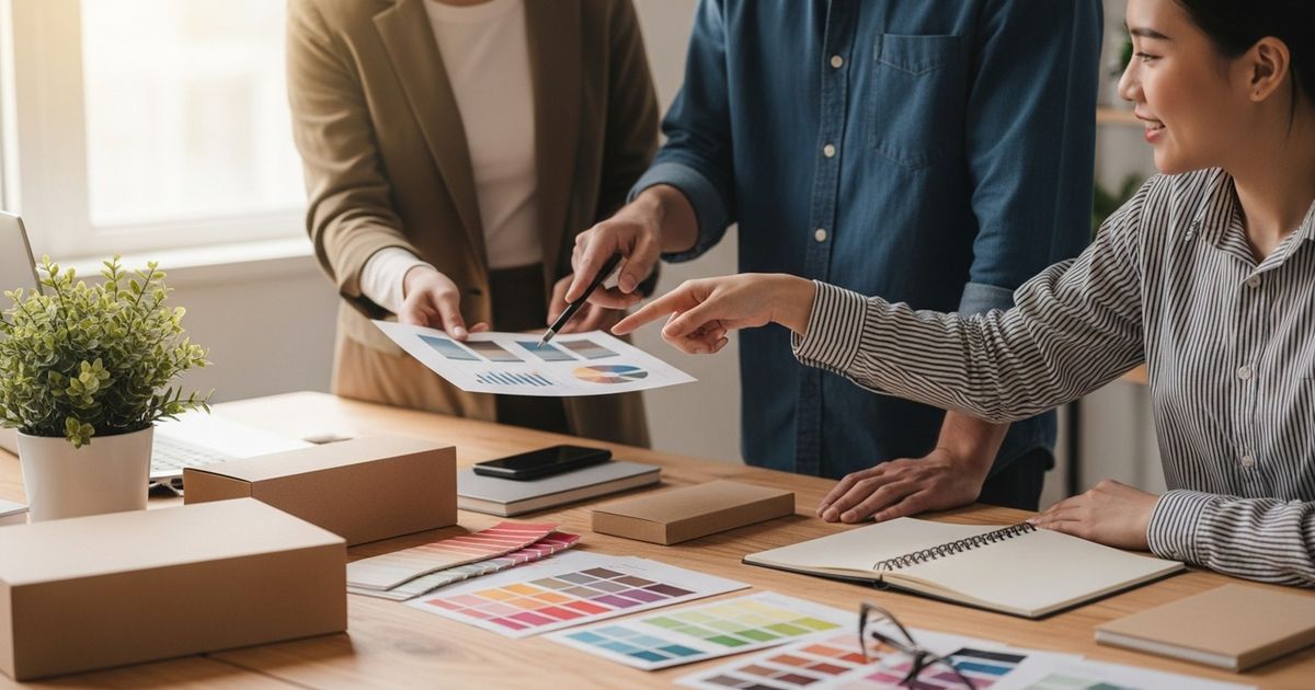 Ecommerce marketing team collaborating around product samples and planning materials in a modern workspace