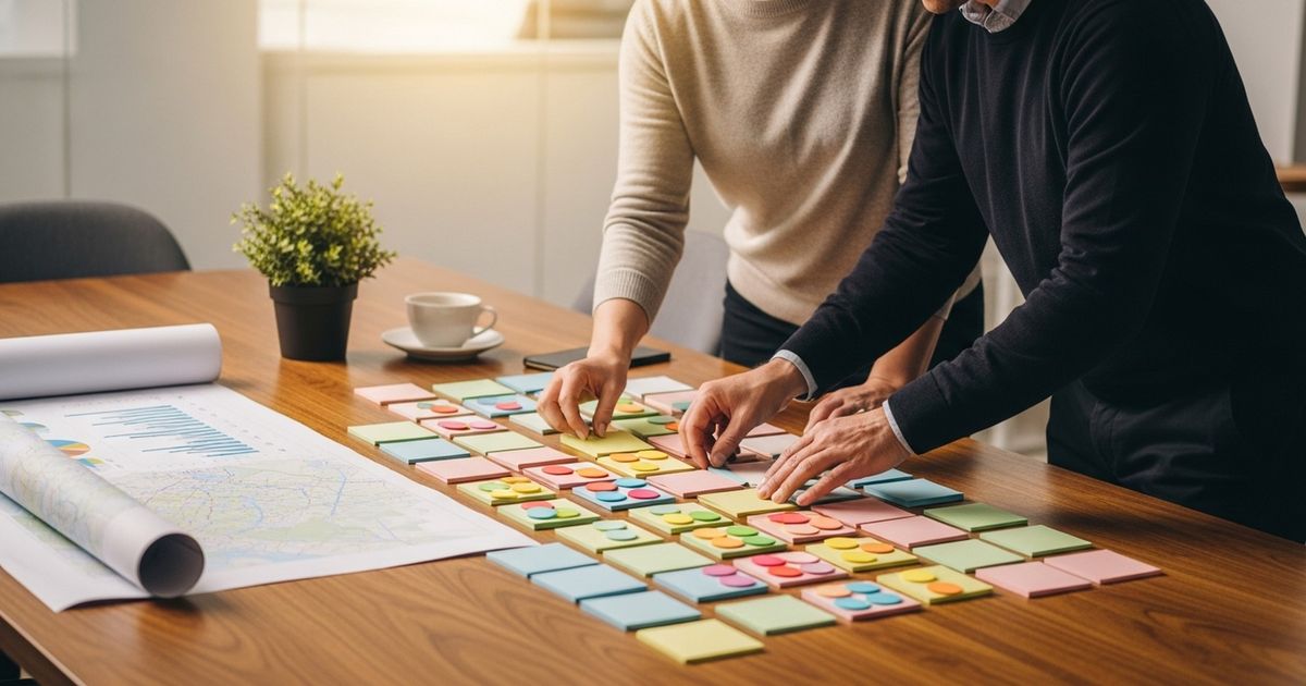 Two marketers arranging blank colored index cards into grouped clusters on a table, illustrating collaborative keyword clustering for programmatic SEO.