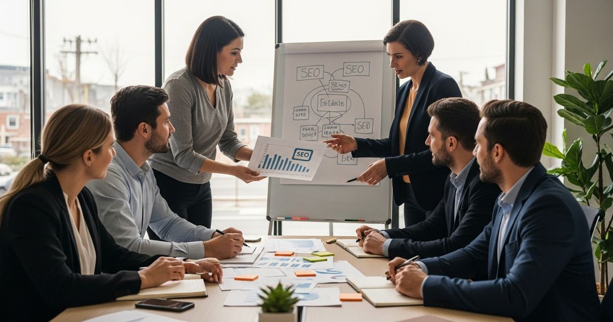 Marketing team collaborating in an Elk Grove conference room planning SEO strategy for local businesses, illustrating SEO agencies in Elk Grove