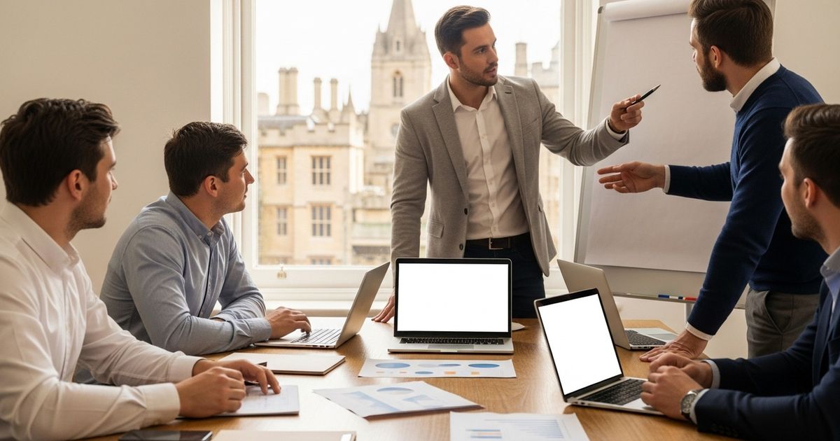 Marketing team collaborating in an Oxford office planning SEO and content strategy — top SEO agencies in Oxford