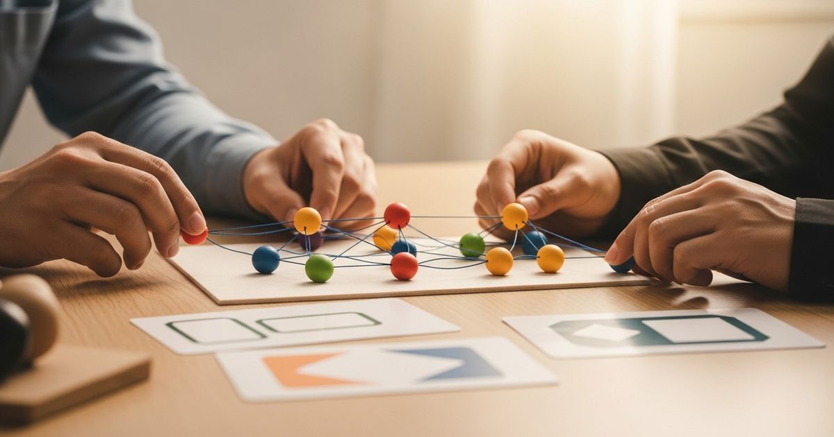 Hyper-realistic photo of hands arranging a physical node-and-thread model representing website architecture and internal linking