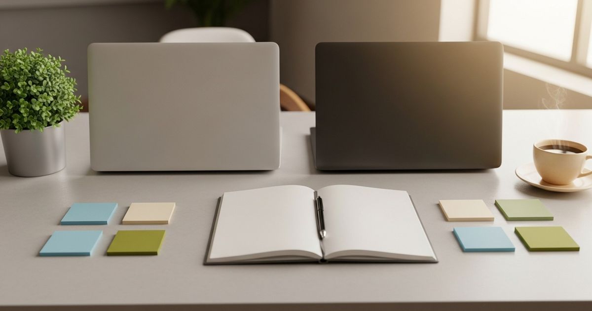 Two closed laptops and blank planning cards on a modern desk, suggesting a side-by-side comparison of SEO tools.