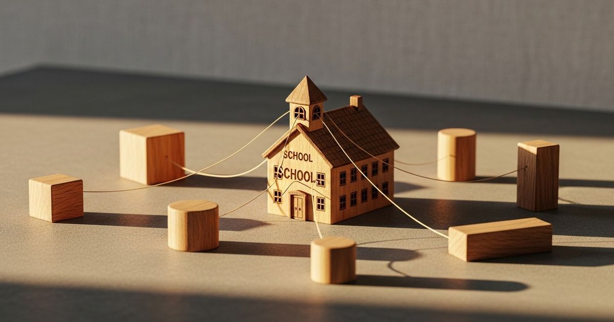 Conceptual hyper-realistic image of a miniature wooden schoolhouse model connected to wooden blocks, conveying interconnected school programs and content clusters.