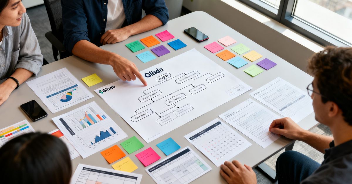 Content team mapping topic clusters and a sitemap for Glide SEO on a table with color-coded cards