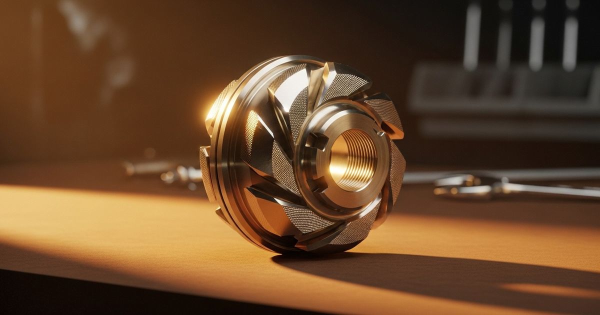 Close-up hyper-realistic shot of a precision-machined metal part on a warm studio surface, editorial style