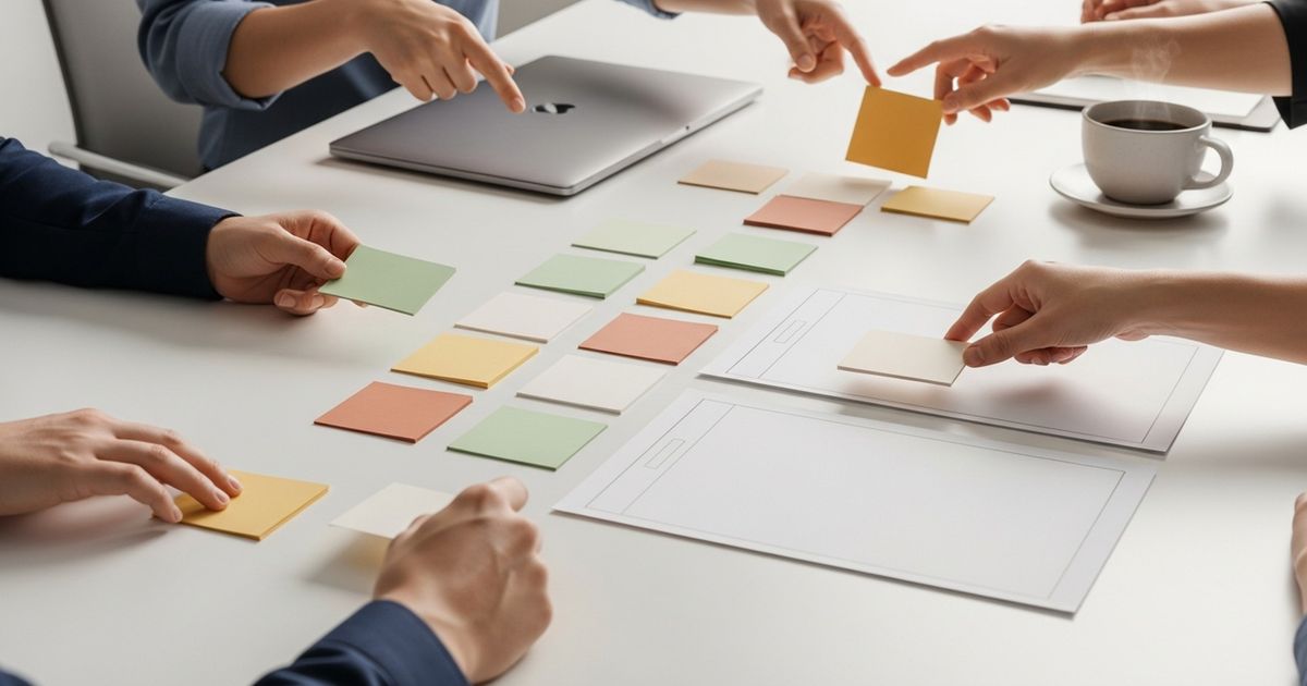 Two marketers arranging color-coded index cards and templates during a content planning session, suggesting workflow and collaboration for SEO content tools.