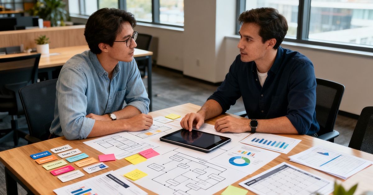 Two team members planning Directus SEO strategy at a startup office, reviewing wireframes and site structure