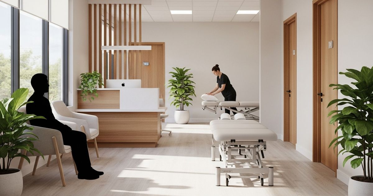 Warm, modern chiropractic clinic reception and treatment area with wooden accents and a treatment table, conveying a professional patient-focused practice.
