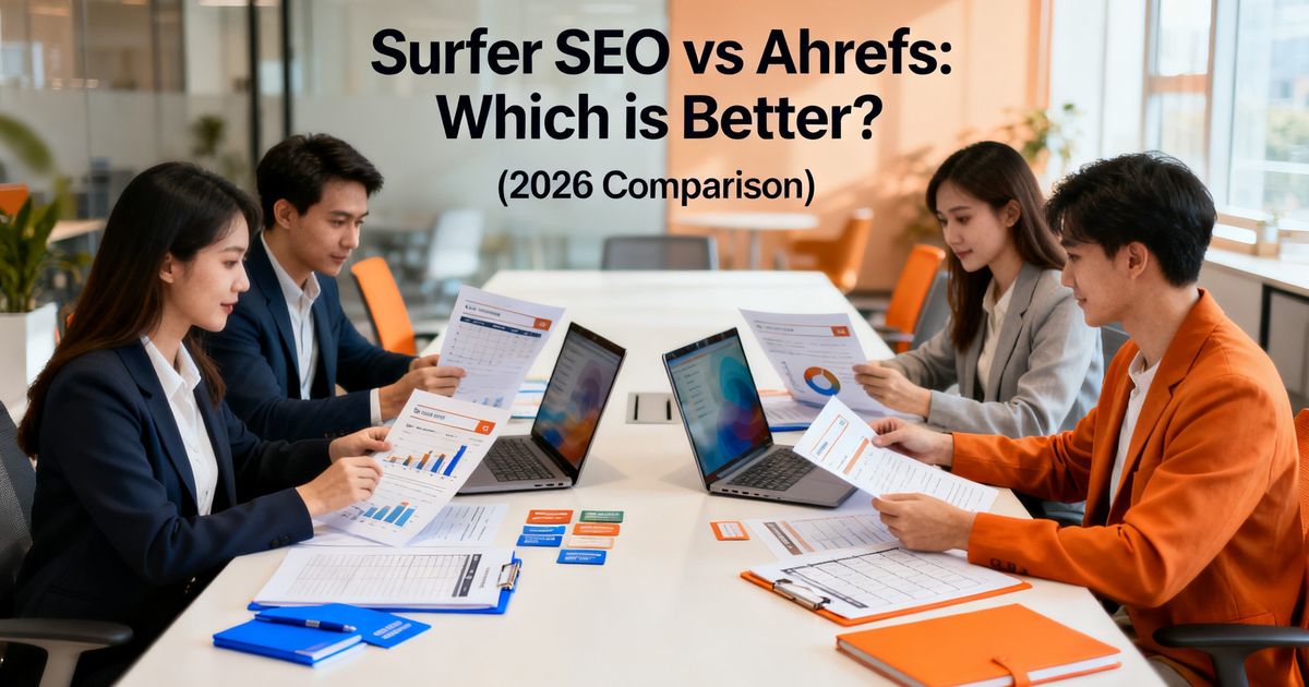 Two SEO specialists compare dashboards and printed reports side by side in a modern office — representing surfer seo vs ahrefs