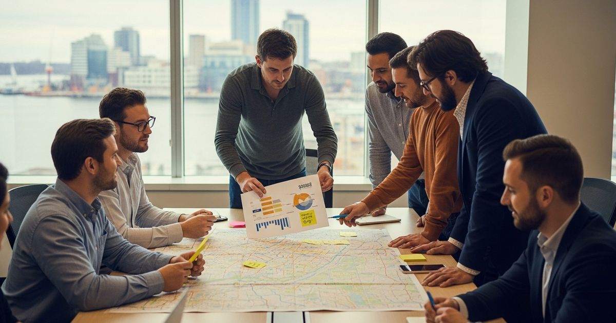 Marketing team collaborating around a conference table in an Oshawa office reviewing printed SEO charts for SEO agencies in Oshawa