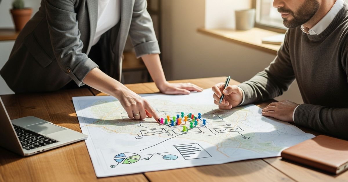 Small business owner and marketer reviewing a pinned paper map and abstract charts in a warm storefront office — symbolizing local marketing strategy.