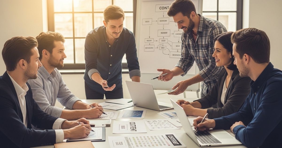 Marketing team collaborating on SEO strategy and content briefs in a modern office, illustrating managed done-for-you SEO services.