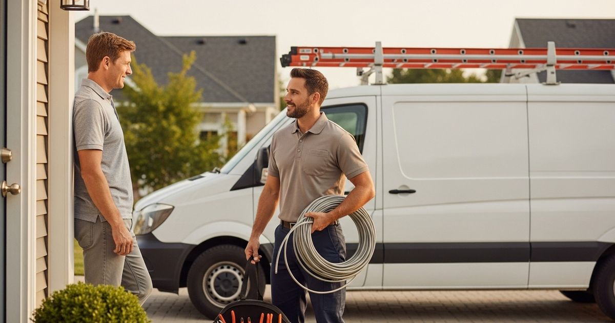 Electrician in uniform standing by a service van in a suburban driveway, talking with a homeowner — visual conveys local service and professionalism.