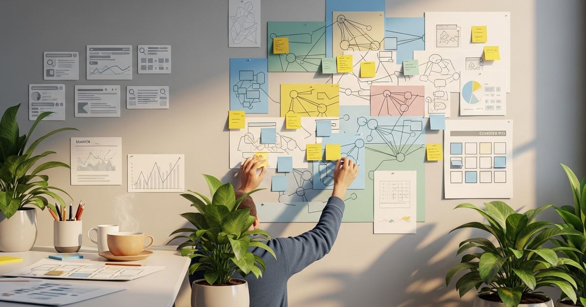 Content manager mapping SITE123 SEO content clusters on sticky notes
