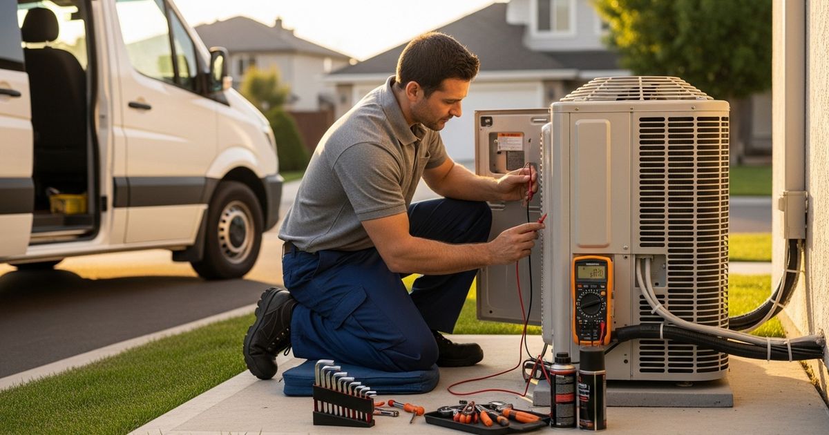 HVAC technician inspecting an outdoor air-conditioning unit at a residential property, warm late-afternoon lighting, professional and clean composition