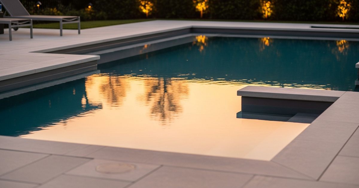 Hyper-realistic editorial image of a clean backyard pool at sunset with warm lighting and calm reflective water